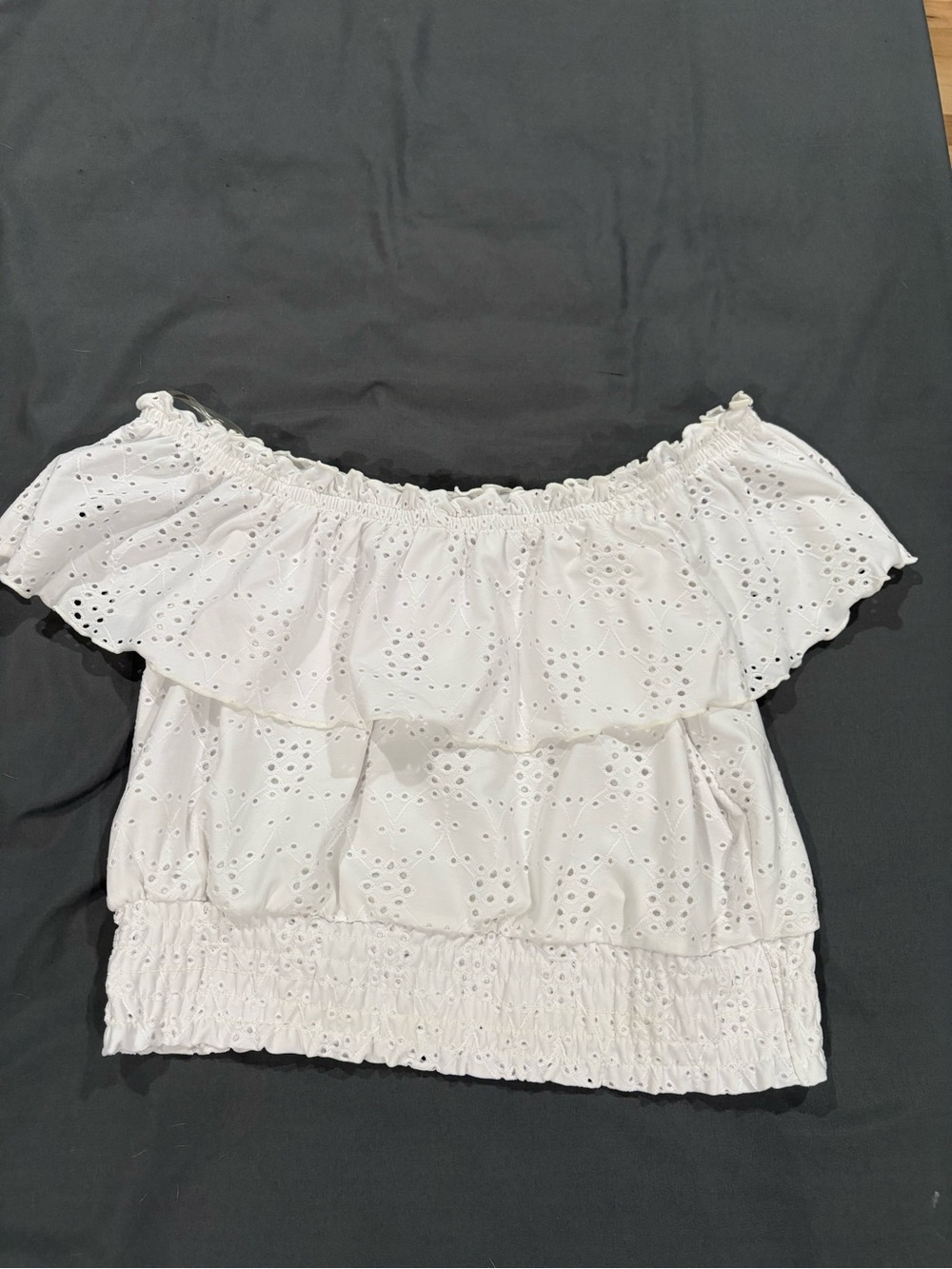Bar III White Eyelet Off-Shoulder Ruffle Crop Top